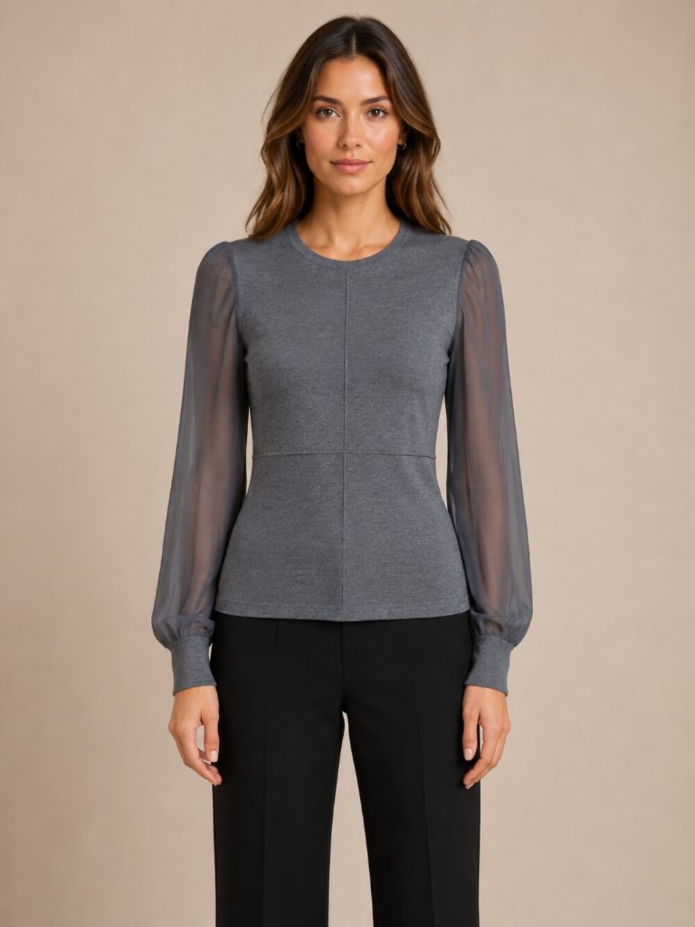 Reed Krakoff Gray Cashmere Merino Silk Sheer Sleeve Knit Top XS Luxury Sweater